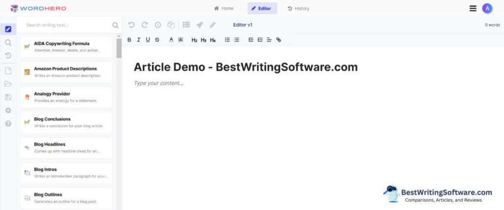 Wordhero long form editor AI writing software